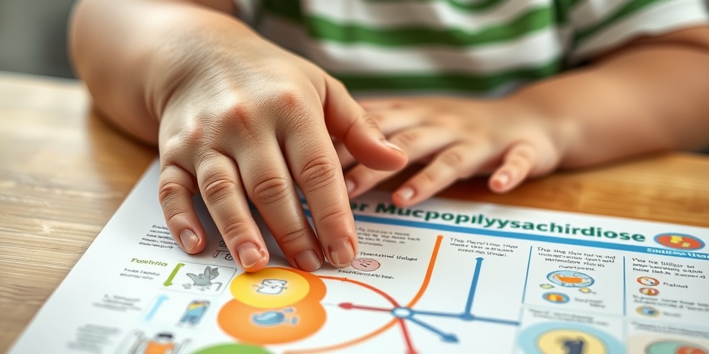 Close-up of a child's hands showing joint stiffness, resting on an educational chart about Mucopolysaccharidoses.  2.png