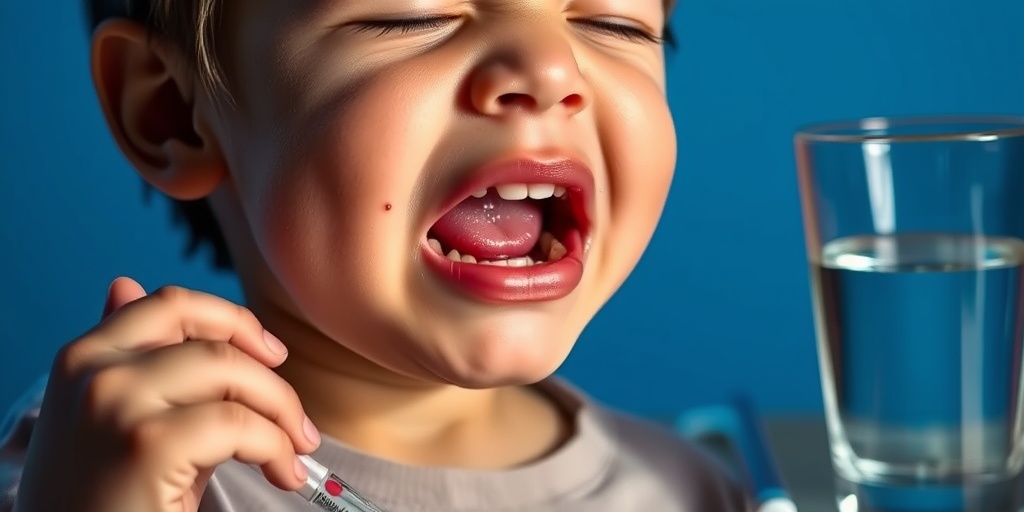 Close-up of a child's mouth reveals ulcers, with a serious expression against a blue background.2.png