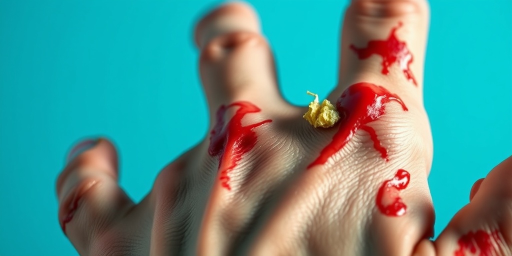 Close-up of a hand showing severe radiation injuries, with redness and blistering highlighted against a soft blue background.  2.png