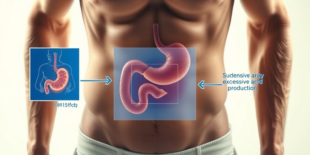 Close-up of a patient's abdomen shows discomfort, with anatomical diagrams highlighting affected areas due to excessive acid.  2.png