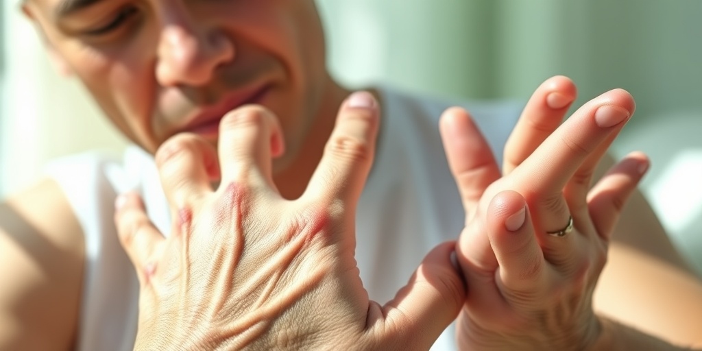 Close-up of a patient's hands showing blistering skin sensitivity, illuminated by bright natural light in a calming background.  2.png
