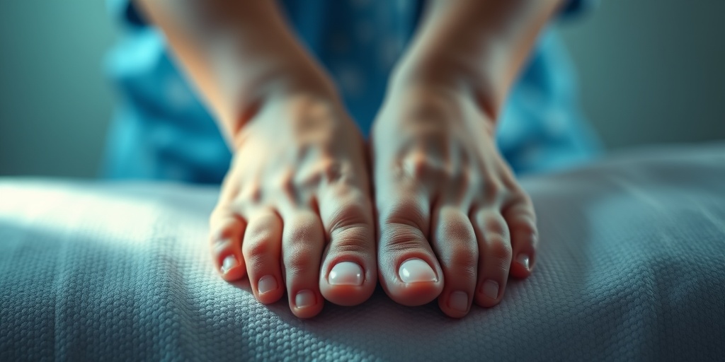 Close-up of hands with broad, short fingers and toes, resting on a textured surface, illuminated by gentle light.  2.png