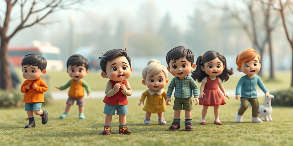 Diverse children play in a park, some showing respiratory distress, highlighting environmental risk factors for croup.  3.png