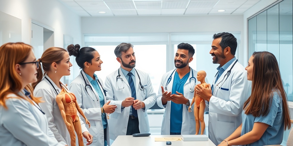 Diverse healthcare professionals engage in discussion about muscular dystrophy, using anatomical models in a bright, inviting clinic setting.2.png