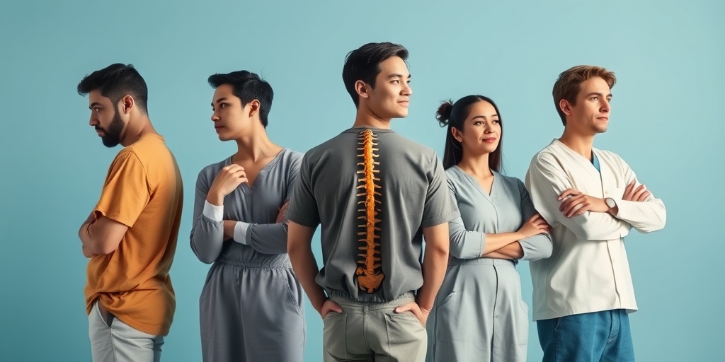 Diverse individuals engage in activities linked to spinal arachnoiditis risk factors, depicted thoughtfully against a serene blue backdrop.3.png