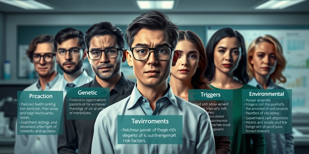 Diverse individuals in a modern lab, highlighting genetic and environmental risk factors for Guenther Porphyria with concerned expressions.  3.png