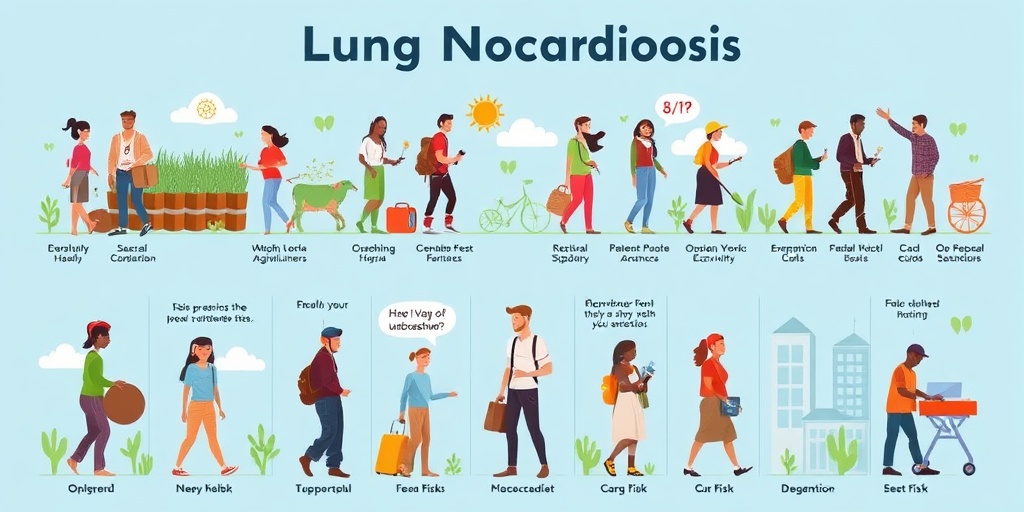 Diverse individuals in various environments illustrate risk factors for Lung Nocardiosis, emphasizing awareness and health in their activities.  3.png