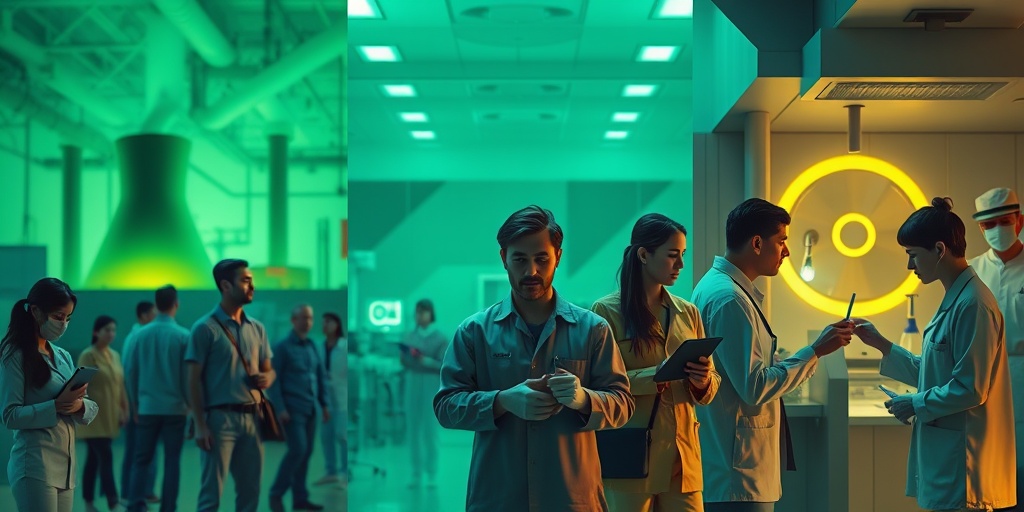 Diverse individuals in various settings illustrate radiation exposure risks, emphasizing safety measures in nuclear and medical environments.  3.png