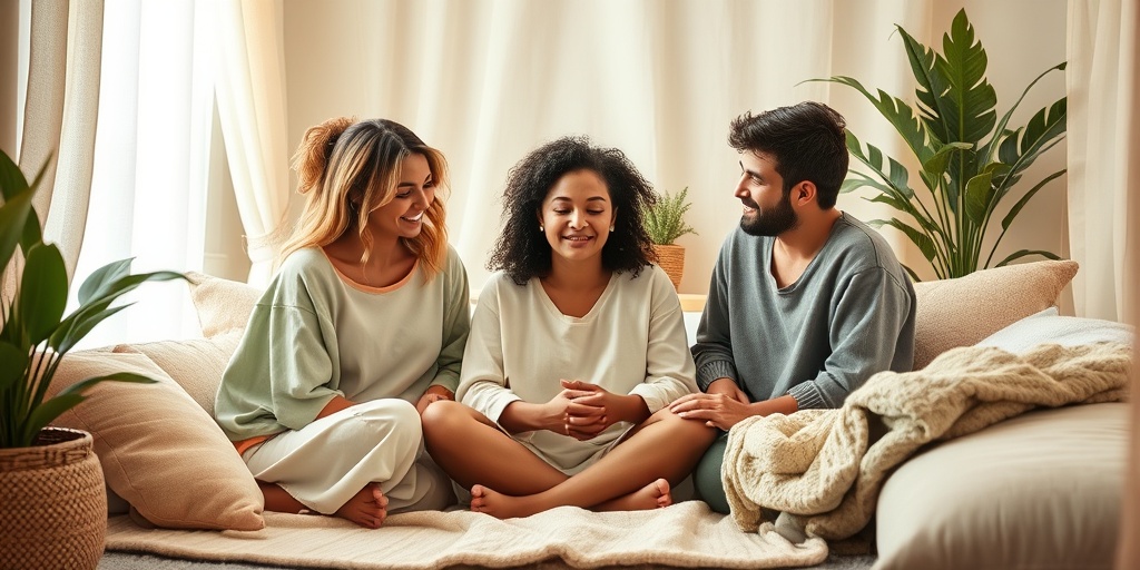 Friends gather in a cozy space for a sharing circle, fostering empathy and connection in a warm, inviting atmosphere.  4.png