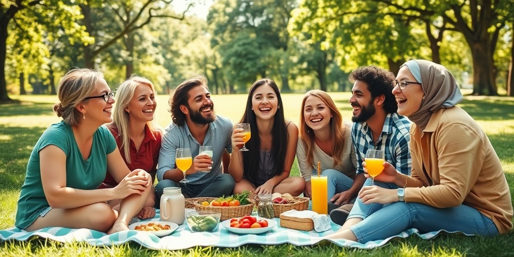 Friends share laughter and healthy food during a sunny picnic, showcasing the joy of social connections and emotional wellness.  3.png