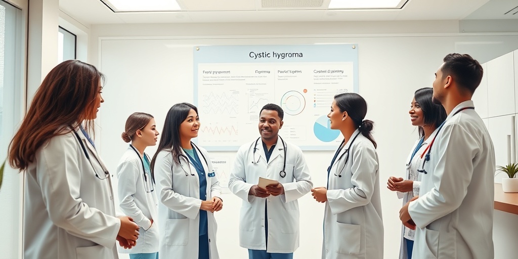 Healthcare professionals discussing cystic hygroma treatment options, surrounded by charts in a bright, optimistic medical environment.  5.png