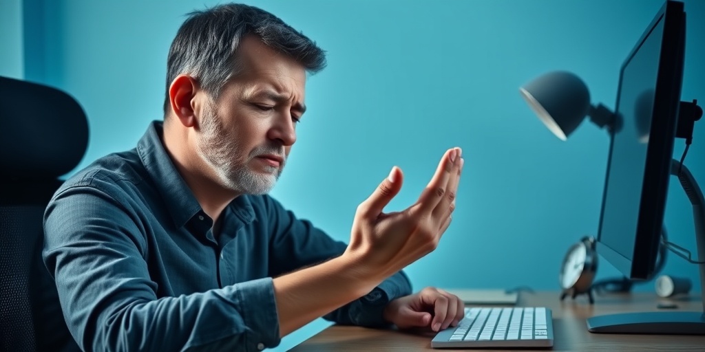 Individual at a desk showing symptoms of Carpal Tunnel Syndrome, with a pained expression and dramatic lighting.  2.png