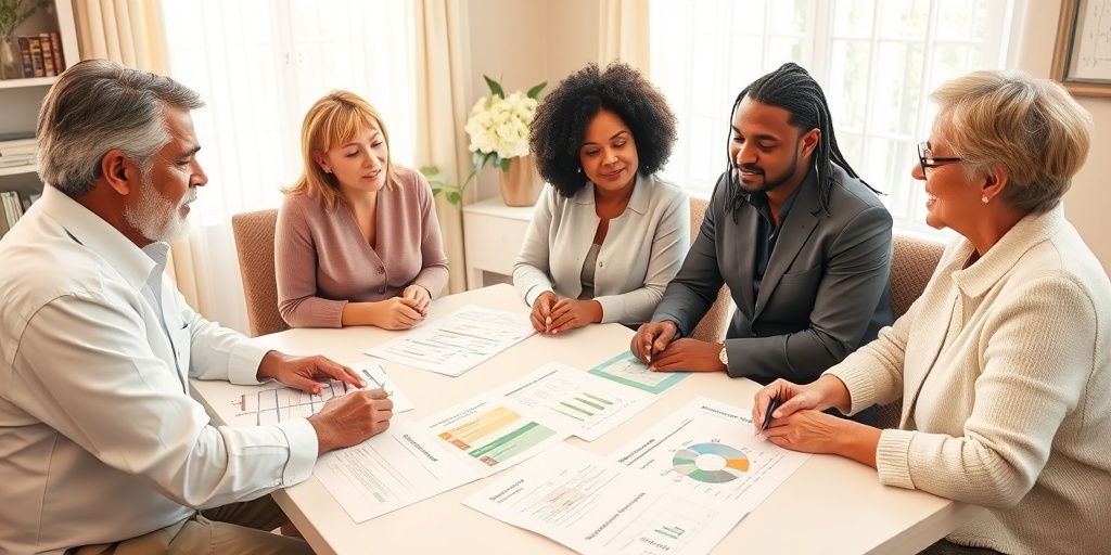 Individuals discuss funeral planning with a compassionate director, surrounded by informative materials in a warm, inviting office.  2.png