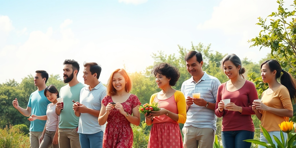 Individuals engage in healthy activities, symbolizing hope and awareness about Astrocytoma risk factors amidst lush greenery and bright skies.4.png