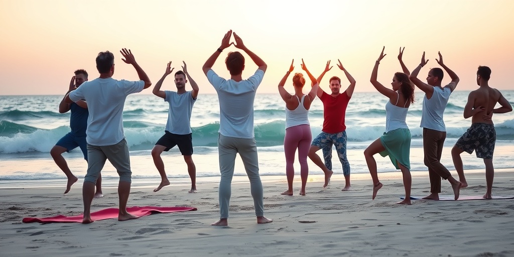 Individuals practice yoga on a beach at sunrise, harmonizing with nature while engaging in emotional wellness activities.  4.png