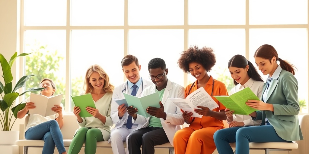 Individuals review insurance brochures in a bright office, symbolizing informed decision-making for lowering medical expenses.  3.png