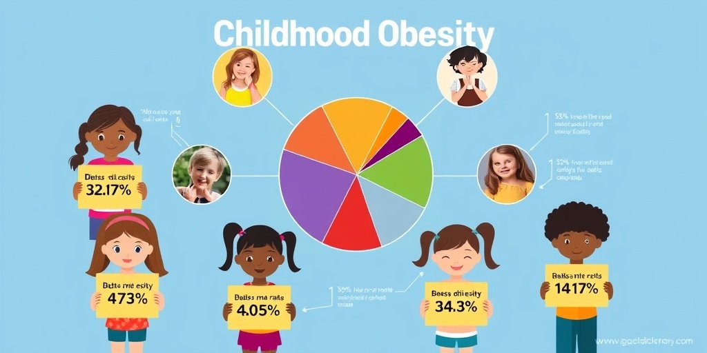 Infographic showcasing childhood obesity statistics with colorful pie chart and children holding informative signs.  2.png