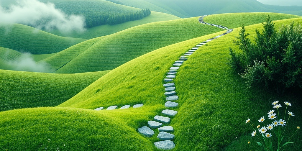 Interconnected pathways symbolize addiction recovery stages, marked by milestones like awareness and healing in a lush landscape.  2.png