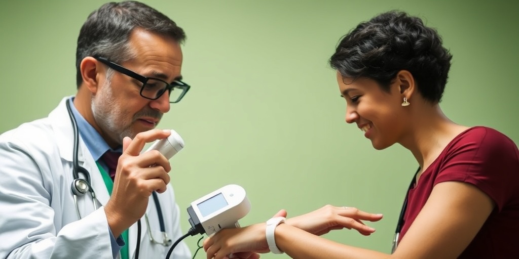 Medical professional examining a patient's wrist with diagnostic tools in a bright, clinical environment focused on healing.  3.png