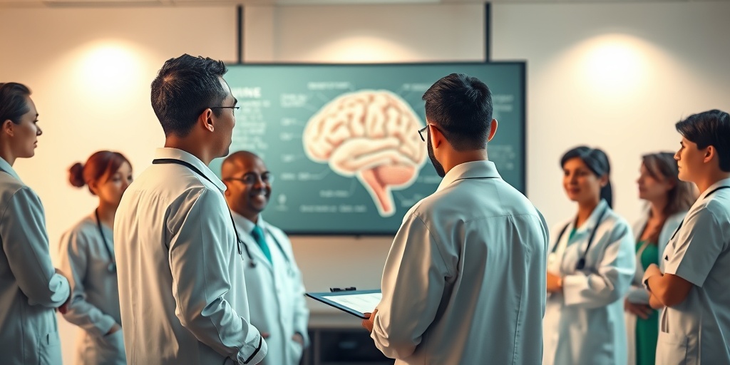 Medical professionals collaborate around a digital brain diagram, creating an informative atmosphere with warm lighting and soft color tones.2.png