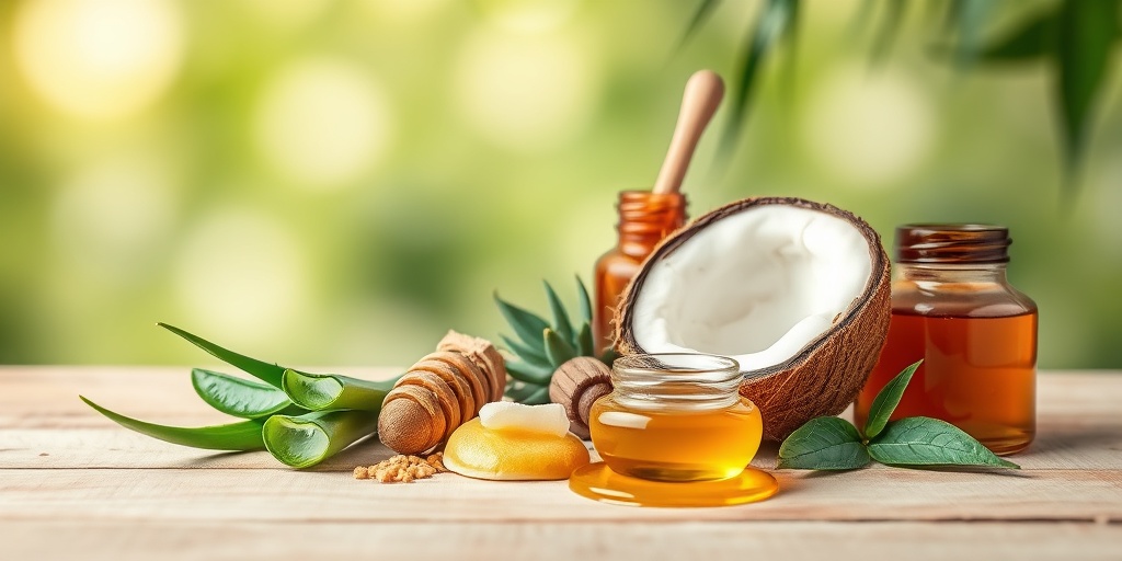 Natural beauty ingredients like aloe vera and honey arranged artistically on wood, highlighting organic skincare's essence in soft lighting.  3.png