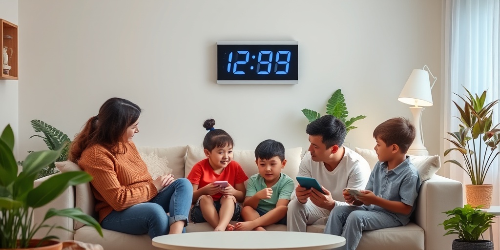 Parents and children discuss screen time in a cozy living room, promoting balance and mindfulness in a comfortable setting.  3.png