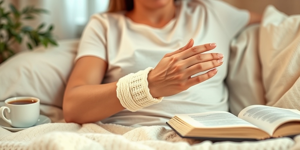 Person applying a warm compress to their wrist in a cozy home setting, surrounded by comforting elements for self-care.  4.png