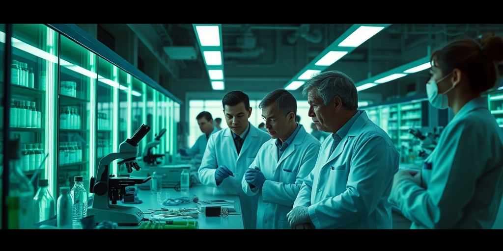 Scientists in a high-tech lab collaborate on Guenther Porphyria research, showcasing determination and innovation in a bright environment.  5.png