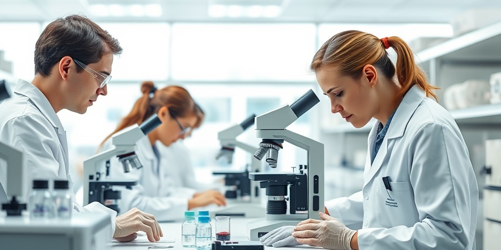 Scientists in a lab researching lissencephaly, advanced equipment and engaged researchers, bright clinical lighting underscores the importance of their work.5.png