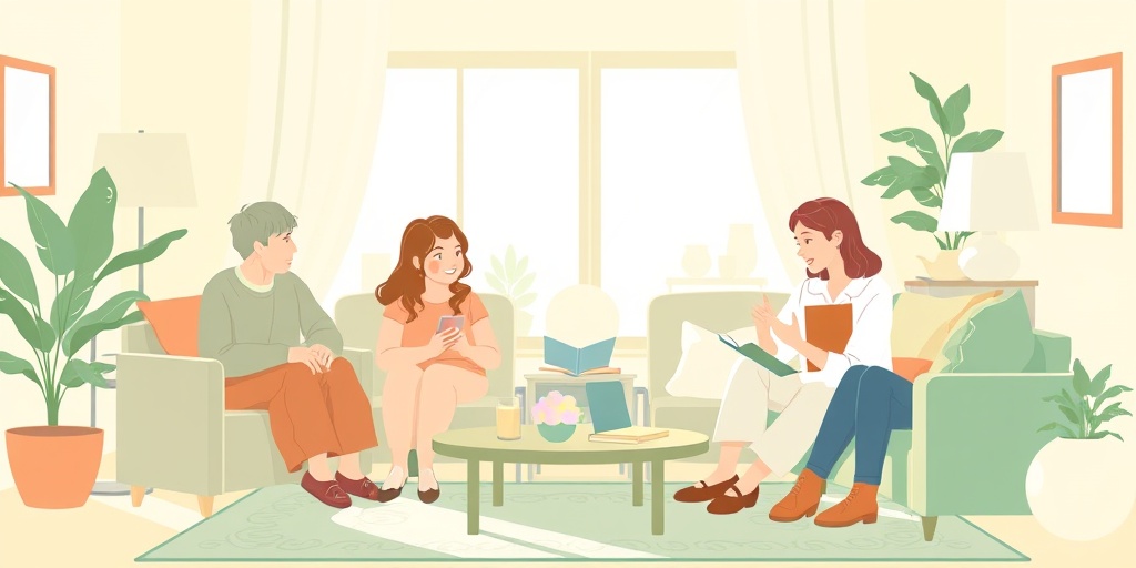 Support systems shine in a cozy living room, where family and friends engage in uplifting conversations for recovery.  4.png