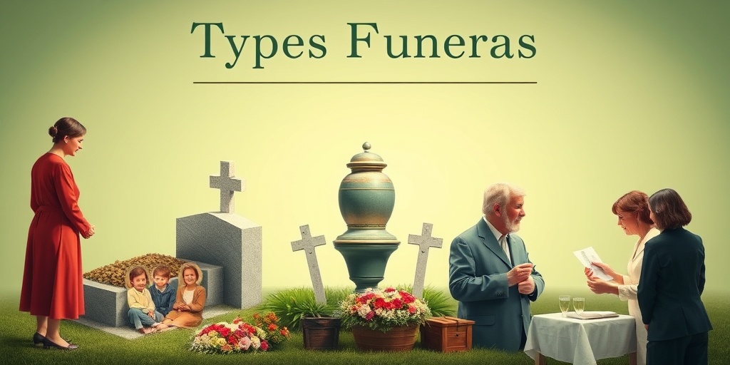 Various funeral types are depicted, showcasing cultural diversity in ceremonies, with a peaceful green background symbolizing renewal.  3.png