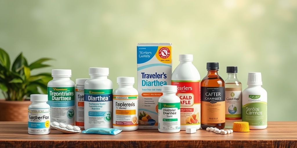 Various treatment options for Traveler's Diarrhea displayed on a wooden table, highlighting the importance of proper care and recovery.4.png