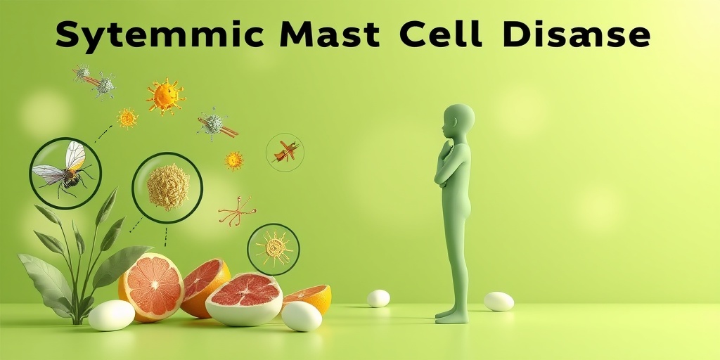 3D render illustrating risk factors of Systemic Mast Cell Disease, featuring environmental triggers and a contemplative individual.  3.png