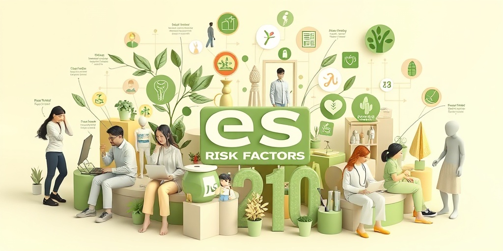 A 3D render depicting diverse individuals facing Chronic Fatigue Syndrome risk factors, surrounded by stress icons and medical symbols.3.png