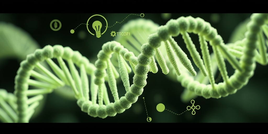 A 3D render of a DNA double helix, highlighting the TCOF1 gene and genetic inheritance related to Treacher Collins Syndrome.  3.png