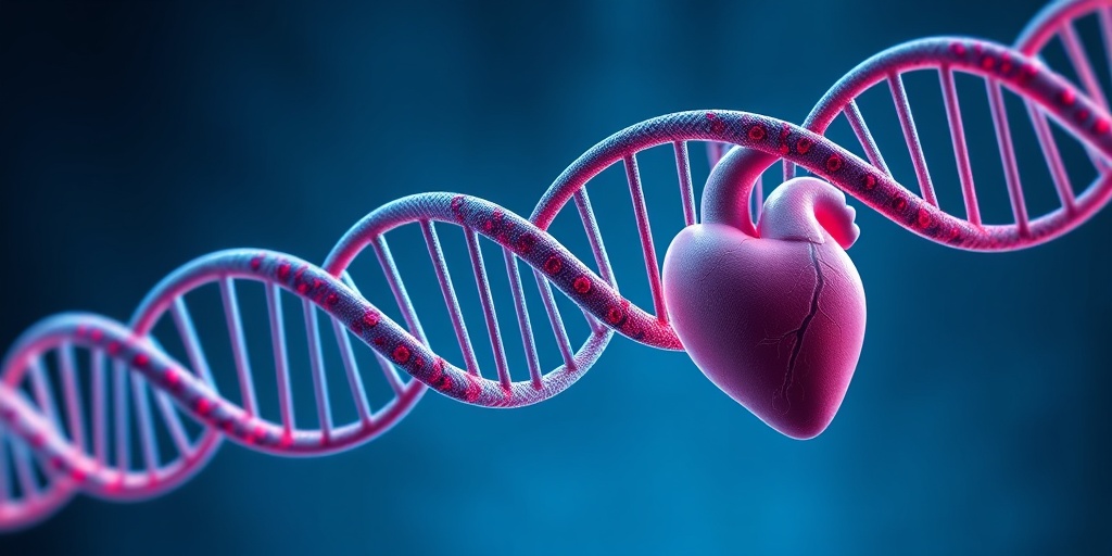 A 3D render of a DNA double helix intertwined with heart imagery, symbolizing genetic links to Familial Cardiomyopathy.  3.png