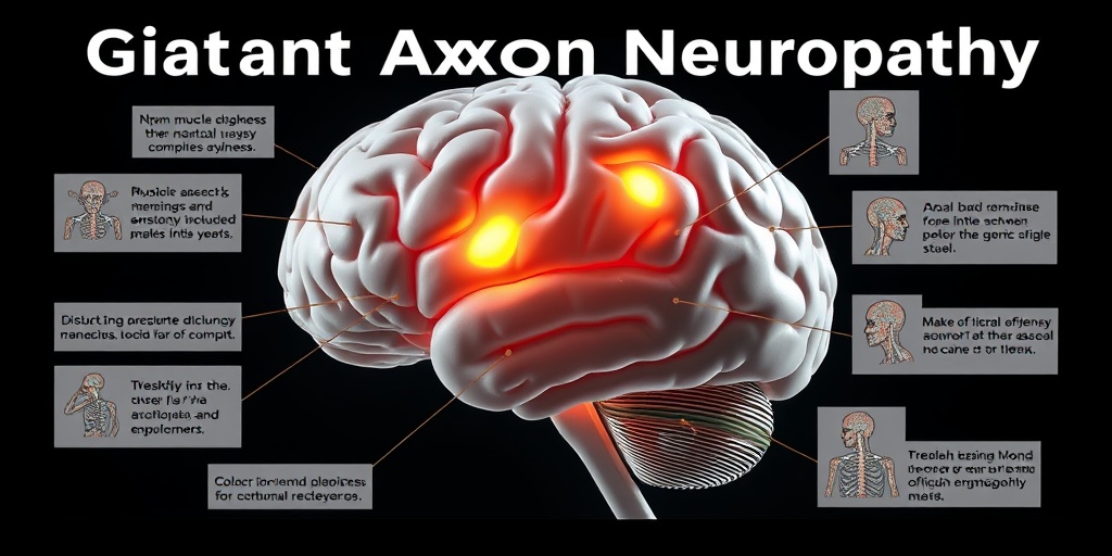 A 3D render of a human brain highlighting areas impacted by Giant Axonal Neuropathy, illustrating symptoms like muscle weakness.  2.png