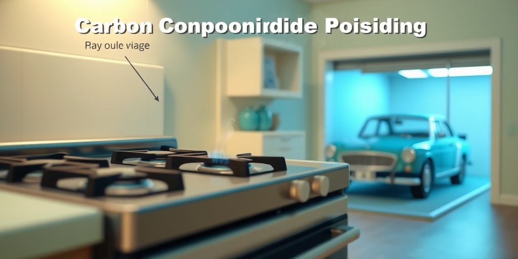 A 3D render of a malfunctioning gas stove and a running car in a garage, highlighting danger.  3.png