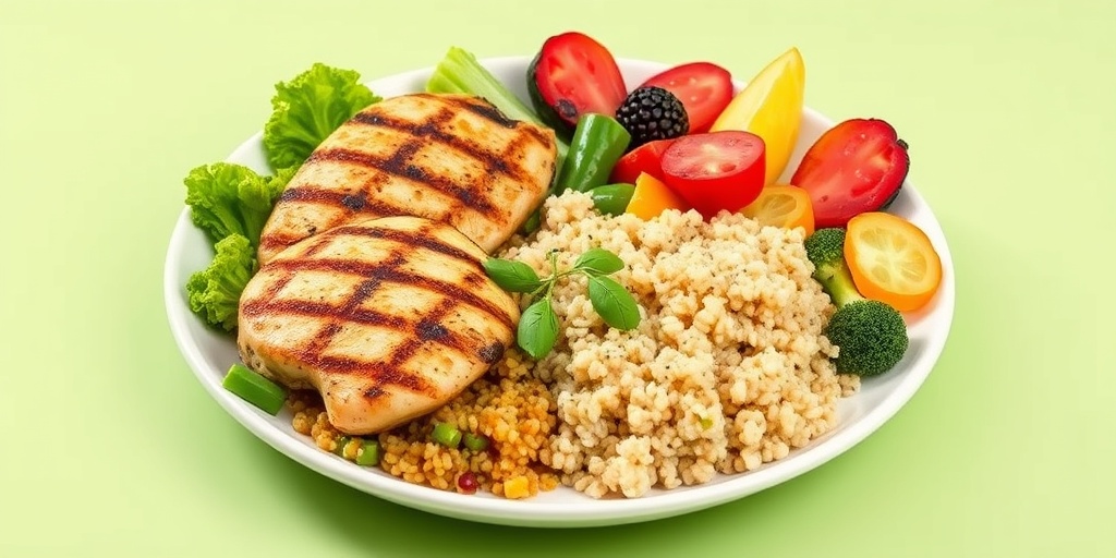 A balanced plate featuring grilled chicken, quinoa, and colorful vegetables, promoting the importance of nutritious meals for health.  5.png