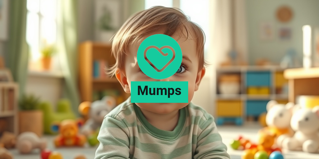 A child with mumps sits in a cheerful room, showcasing swollen cheeks and a gentle expression. • Yesil Health AI