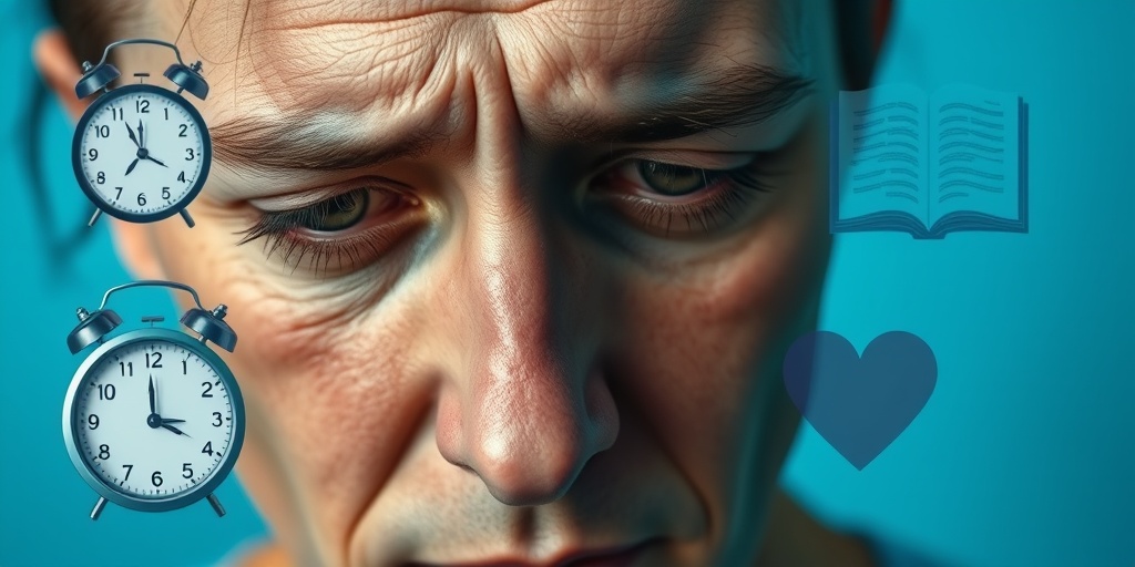 A close-up of a fatigued face, highlighting dark circles and discomfort, set against a soft blue background with symbolic elements.2.png