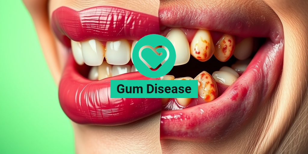A close-up of a healthy mouth versus one with gum disease, highlighting inflamed gums and plaque buildup. • Yesil Health AI