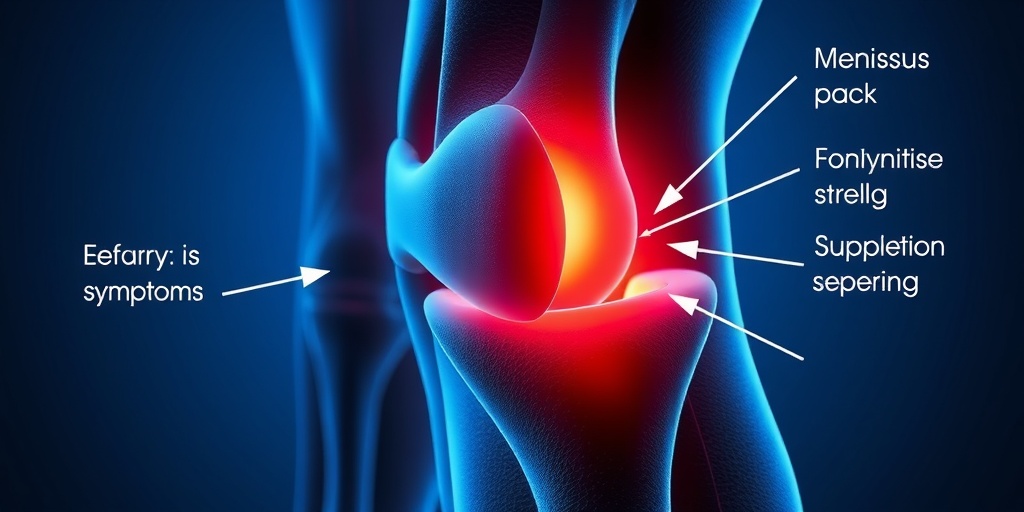 A close-up of a knee joint reveals details of a meniscus tear, with annotated arrows highlighting swelling and tenderness.  2.png