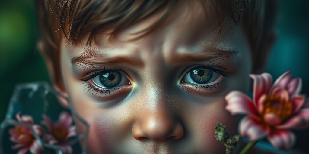 A close-up of a sad child's face, surrounded by shattered glass and wilted flowers, evoking lost innocence and resilience. 3.png