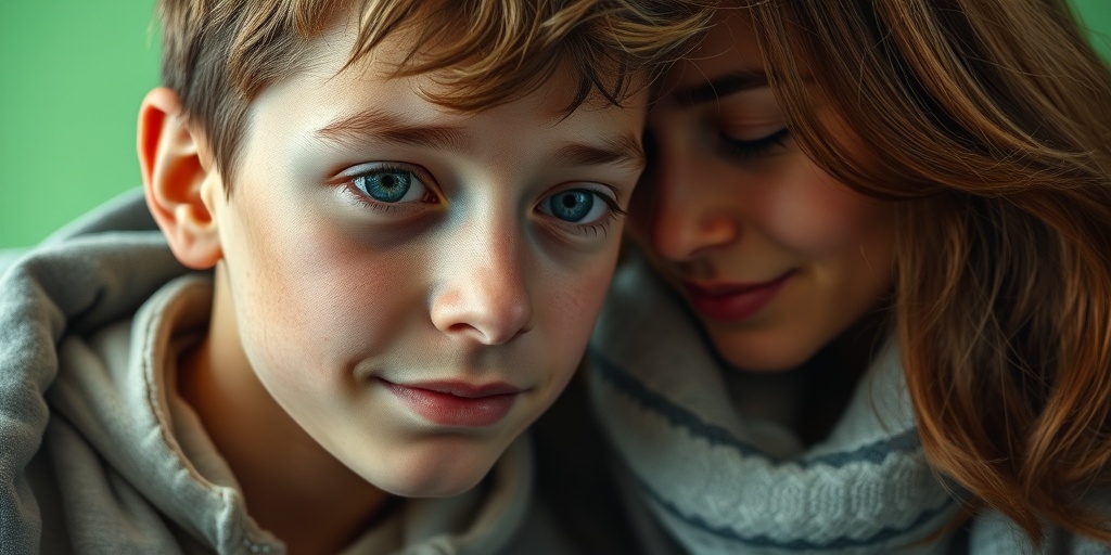 A close-up of a young adult with Treacher Collins Syndrome, showcasing unique facial features while engaging with a supportive friend.  2.png