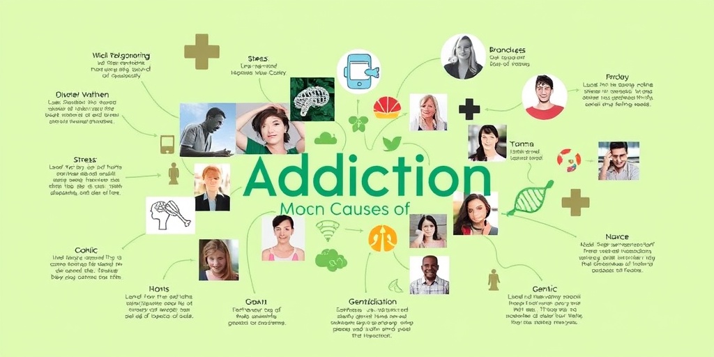 A collage reveals addiction causes, blending symbols of stress and trauma with individuals, set against a calming green backdrop.  3.png
