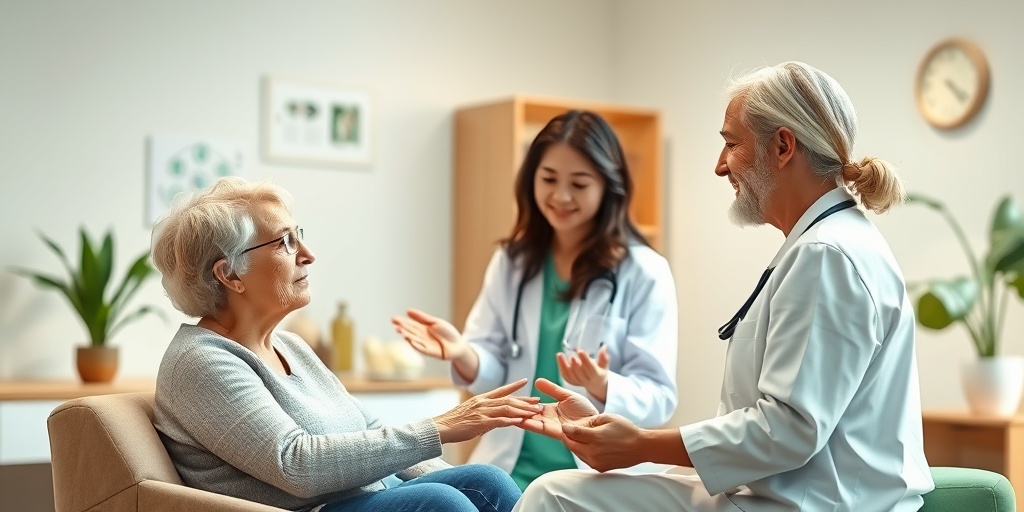 A compassionate healthcare professional engages a patient in therapy, promoting safety and understanding in a serene clinic.4.png