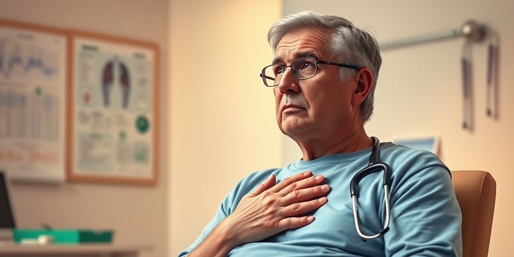 A concerned middle-aged patient holds their chest in a doctor's office, surrounded by medical charts and a stethoscope.  2.png