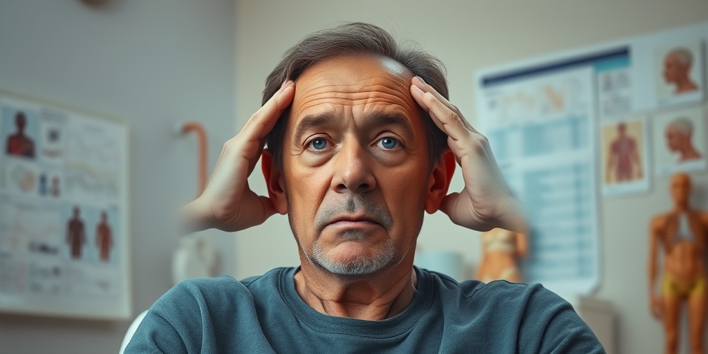 A concerned patient in a consultation room, experiencing clival chordoma symptoms, surrounded by medical charts and models.  2.png