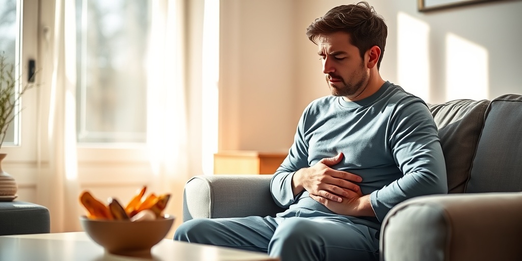 A contemplative person in a cozy living room, holding their stomach, surrounded by unhealthy snacks and soft lighting.  2.png